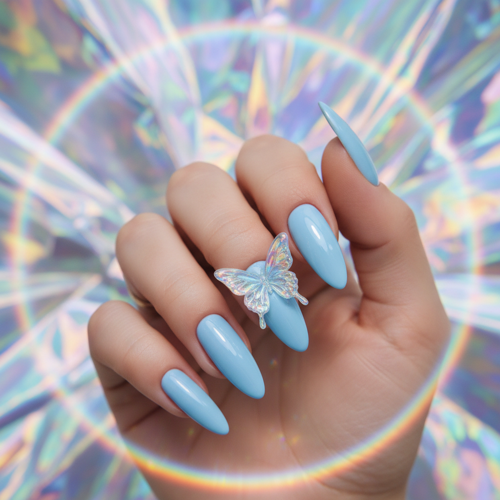 3D Butterfly Charm Long Stiletto Nails — Sculpted Holographic Butterfl