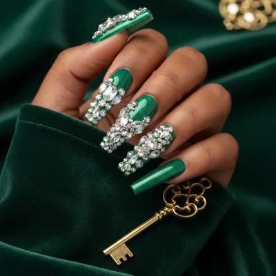 3D Crystal-cluster Glamour Extra-long Coffin Nails on a Glossy Emerald