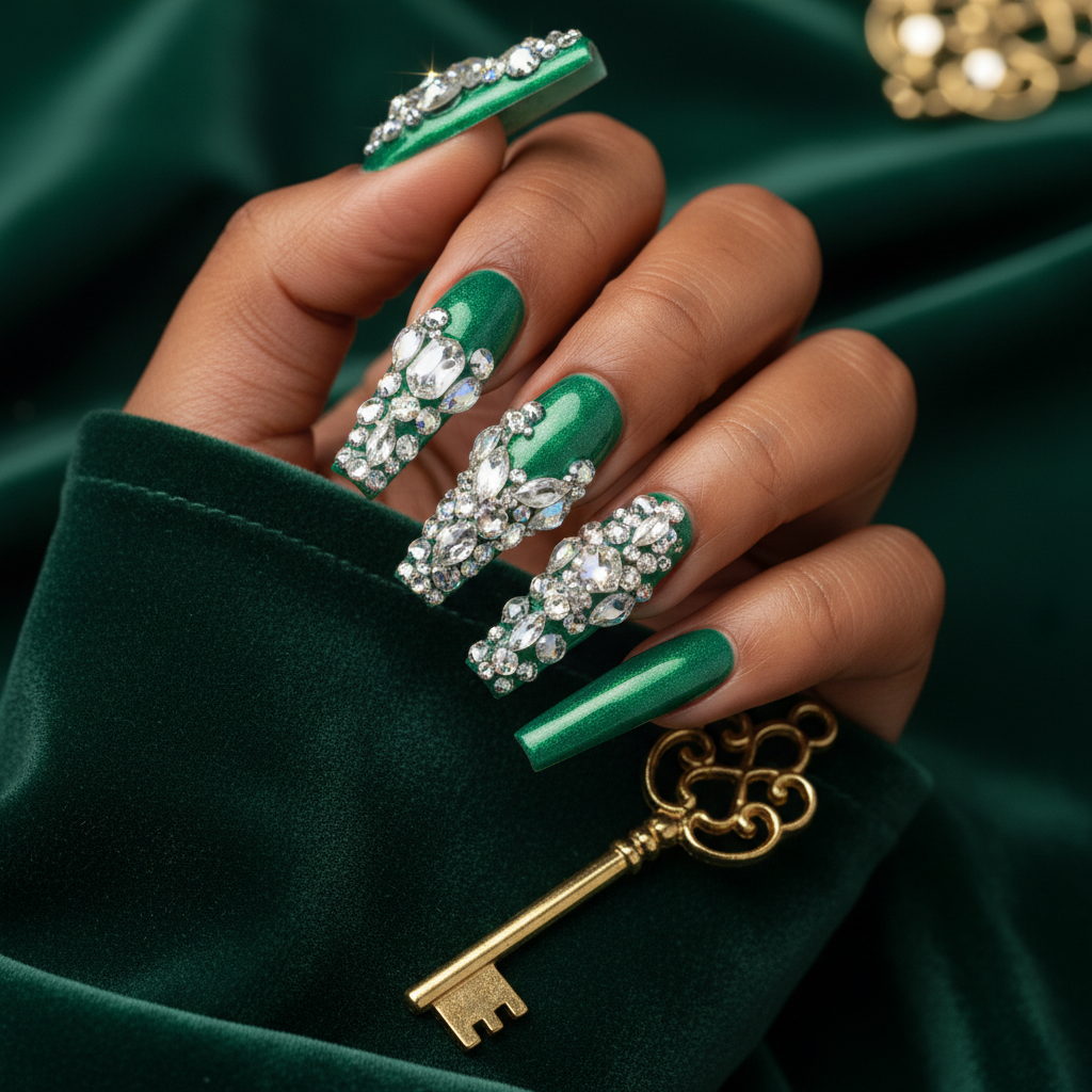 3D Crystal-cluster Glamour Extra-long Coffin Nails on a Glossy Emerald