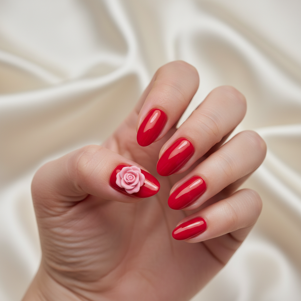 3D Sculpted-rose Floral Short Almond Nails — Single Sculpted Pink Rose
