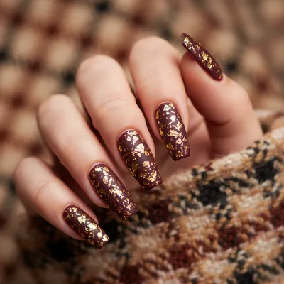 3D Gold-foil Leaf Abstract Long Coffin Nails — Micro Gold-foil Leaves