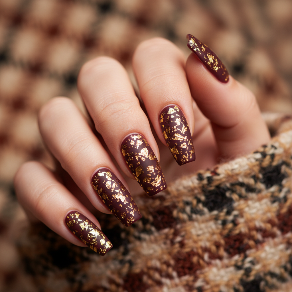 3D Gold-foil Leaf Abstract Long Coffin Nails — Micro Gold-foil Leaves