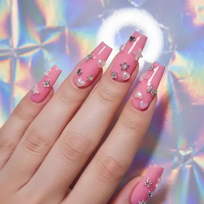 3D Charm-cluster Y2k Long Coffin Nails — Tiny Sculpted Heart