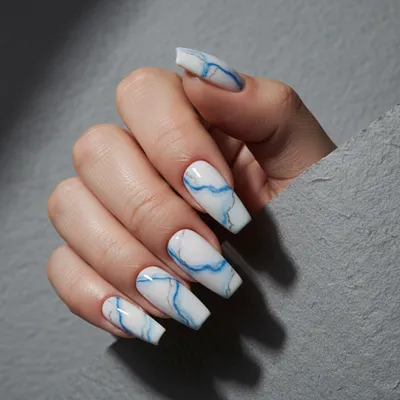 Blue-marble Swirl-veining Long Coffin Nails on a Milky Base
