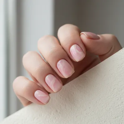 Pastel-pink-and-cream Marble Short Squoval Nails With Soft Swirled Vei