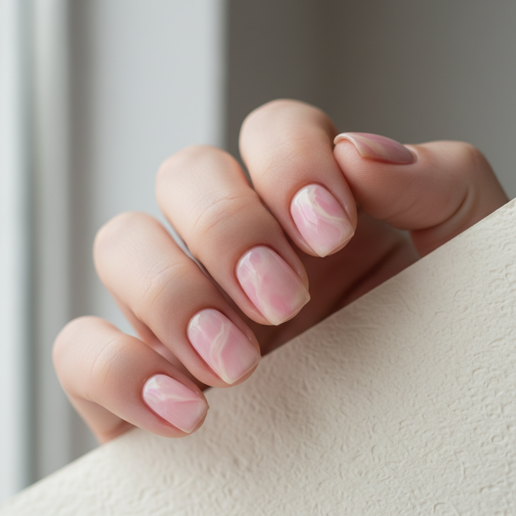 Pastel-pink-and-cream Marble Short Squoval Nails With Soft Swirled Vei