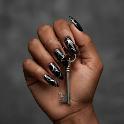 Black-marble Silver-chrome-veining Long Almond Nails