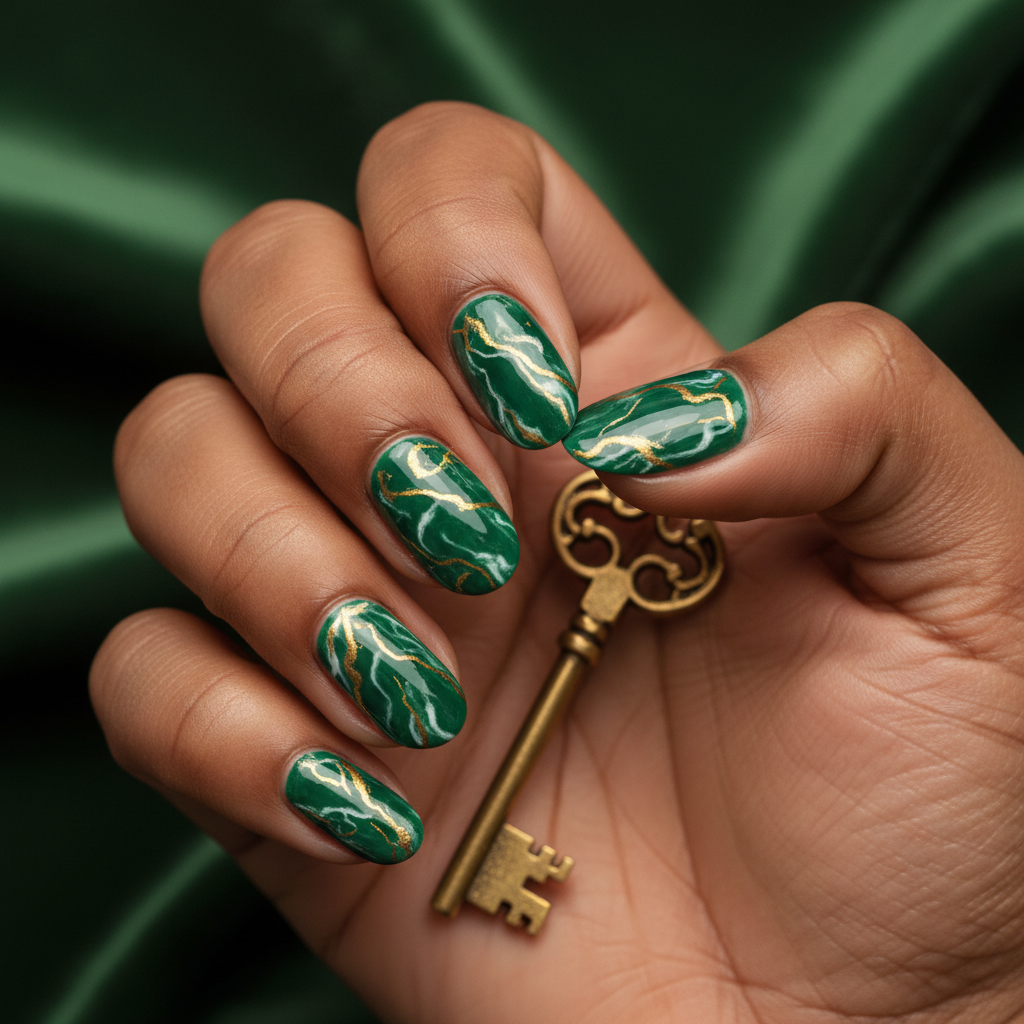 Green-marble Emerald-and-gold Veining Short Oval Nails
