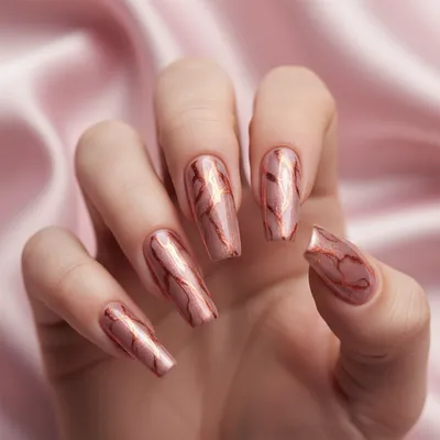 Rose-gold-marble Copper-veining Long Coffin Nails