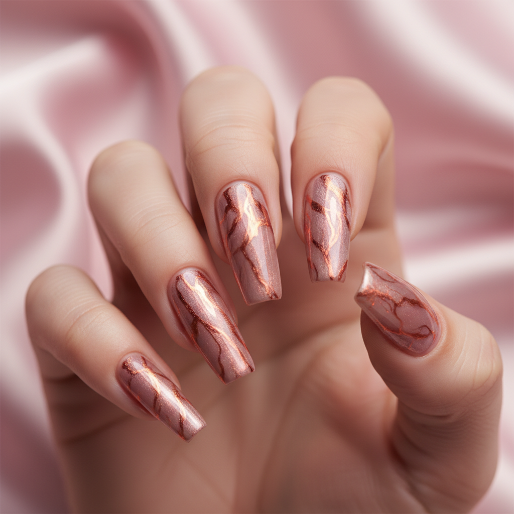 Rose-gold-marble Copper-veining Long Coffin Nails