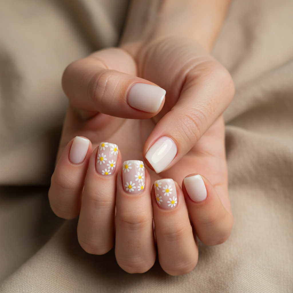 Floral Hand-painted Daisy Single-accent Short Squoval Nails — Micro wh