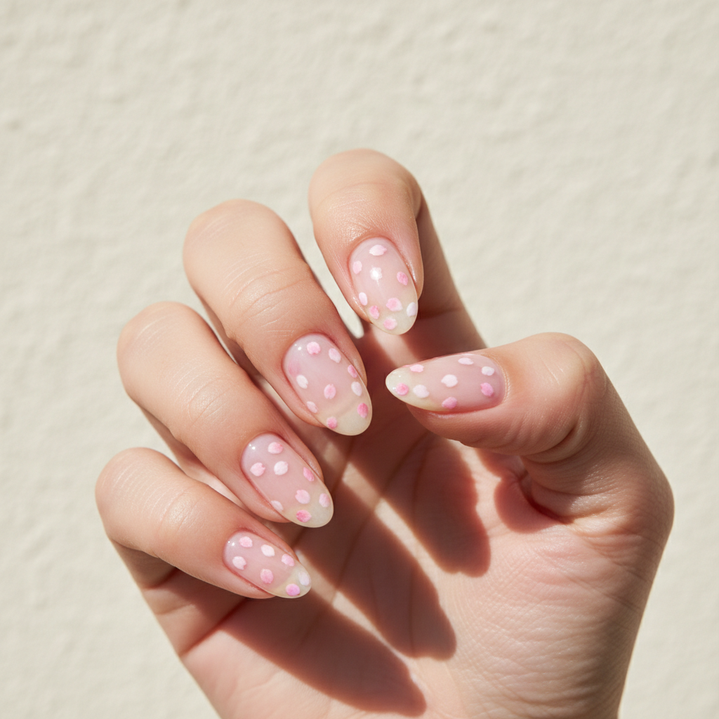 Floral Cherry-blossom Long Oval Nails — Micro Pink Sakura Petals on a
