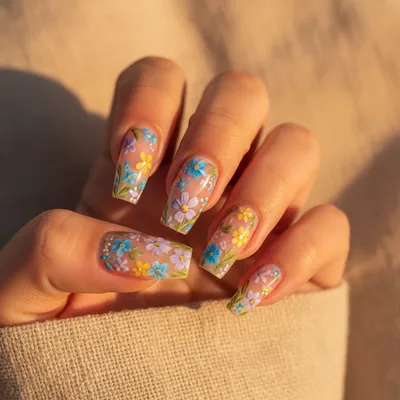 Floral Wildflower Bouquet Long Coffin Nails — Micro Hand-painted Blue