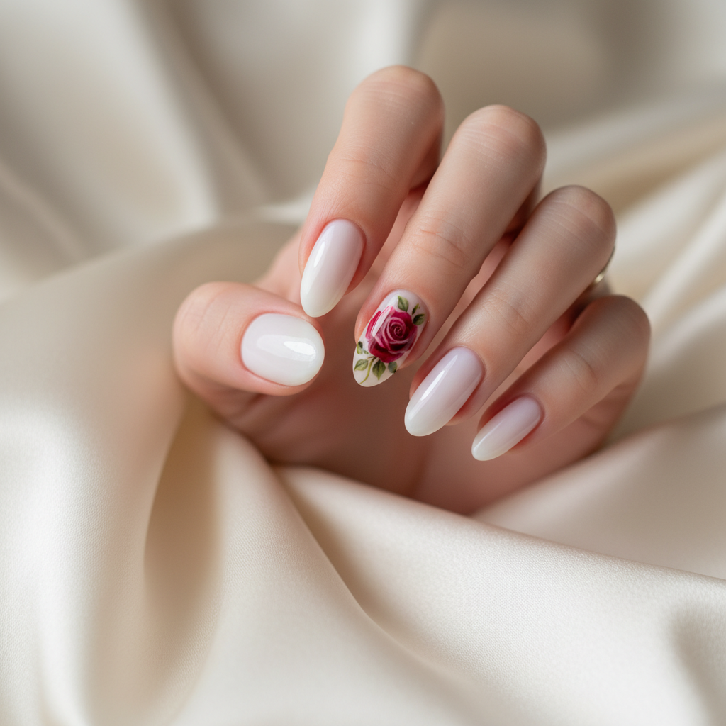 Floral Hand-painted Rose Accent Short Almond Nails — Single Deep Red r