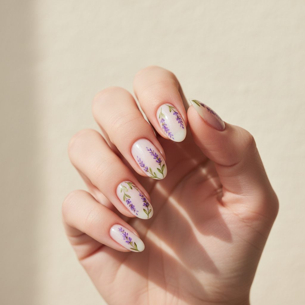 Floral Lavender-sprig Hand-painted Long Oval Nails — Sprigs of Micro l