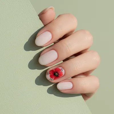 Floral Hand-painted Poppy Short Oval Nails — Single Bright Red Poppy o