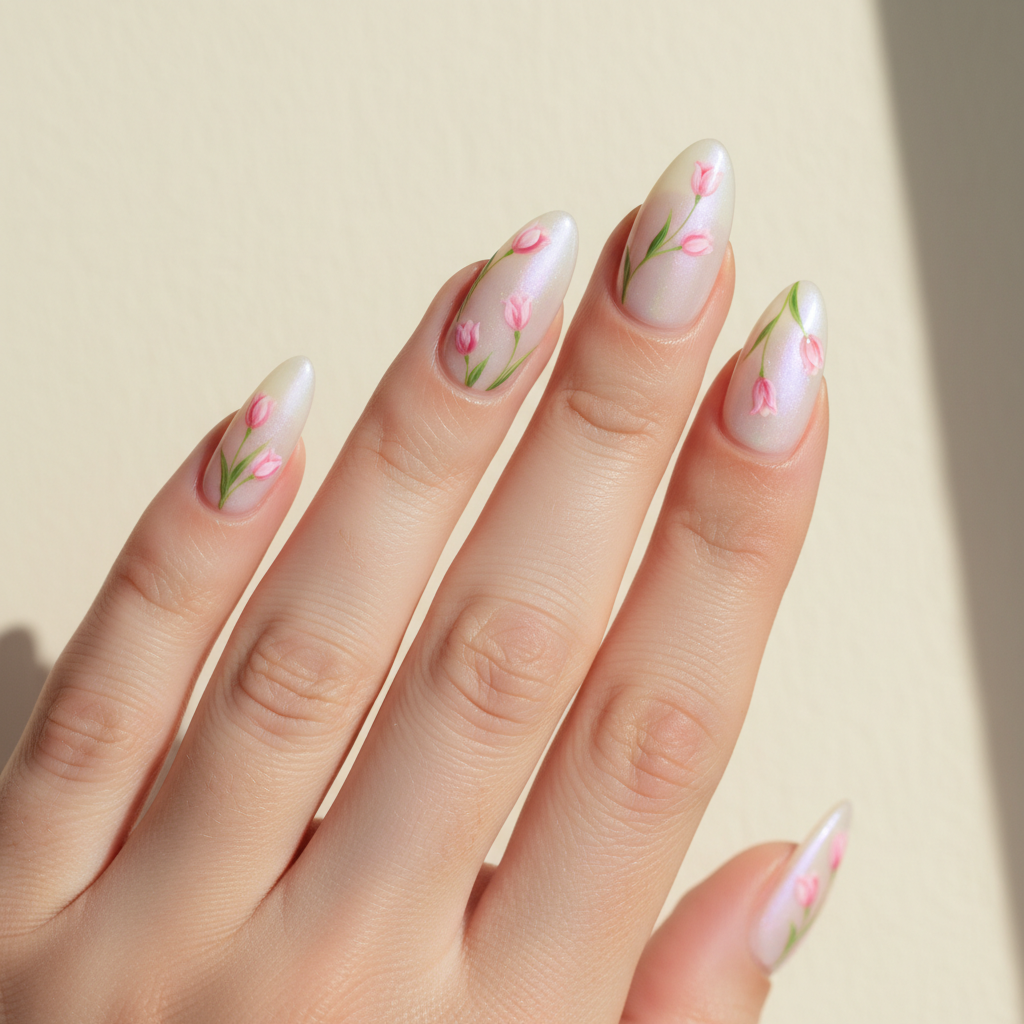 Floral Hand-painted Tulip Long Almond Nails — Micro Pink Tulips on a s