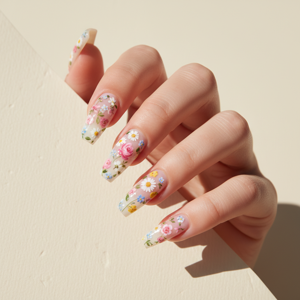 Floral Hand-painted Vintage Botanical Long Coffin Nails — Tiny Detaile