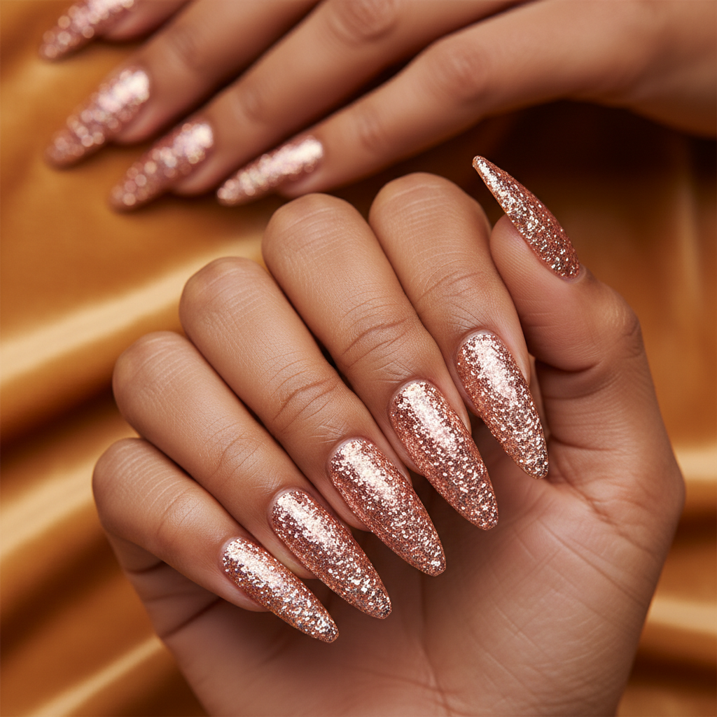 Glitter Chunky-rose-gold Full-coverage Extra-long Stiletto Nails
