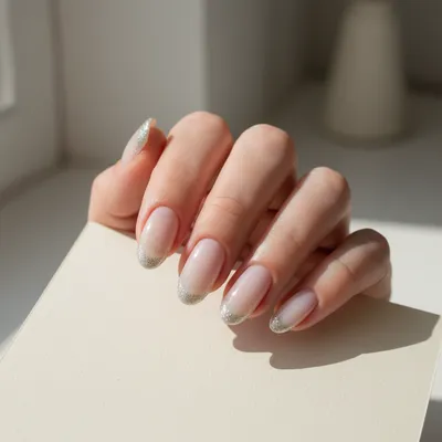 Glitter Fine-silver French-style Tip on Long Oval Nails With a Milky b