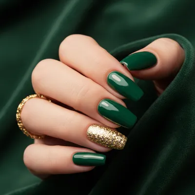 Glitter Accent-finger Ring-only Dense-gold on Long Coffin Nails With o