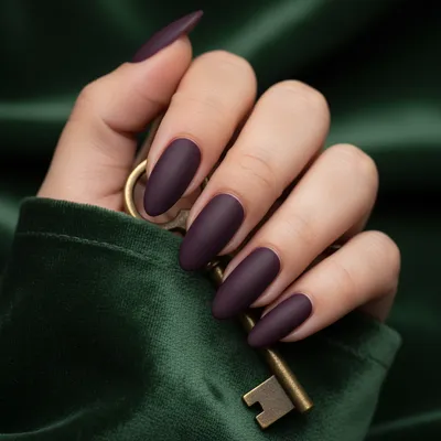 Matte Deep Aubergine Purple Long Almond Nails
