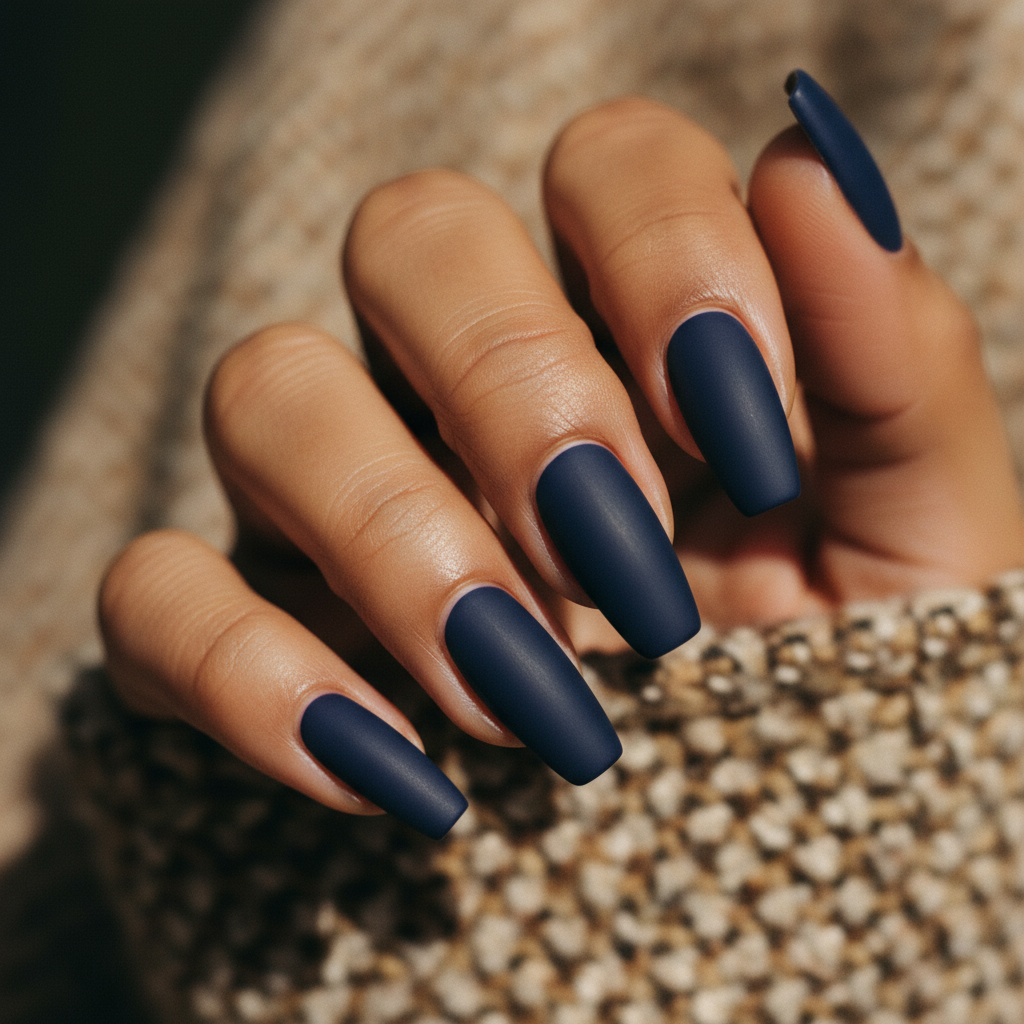 Matte Deep Navy Long Coffin Nails