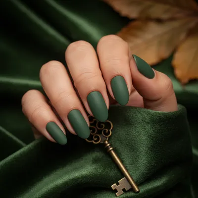 Matte Hunter-green Short Almond Nails