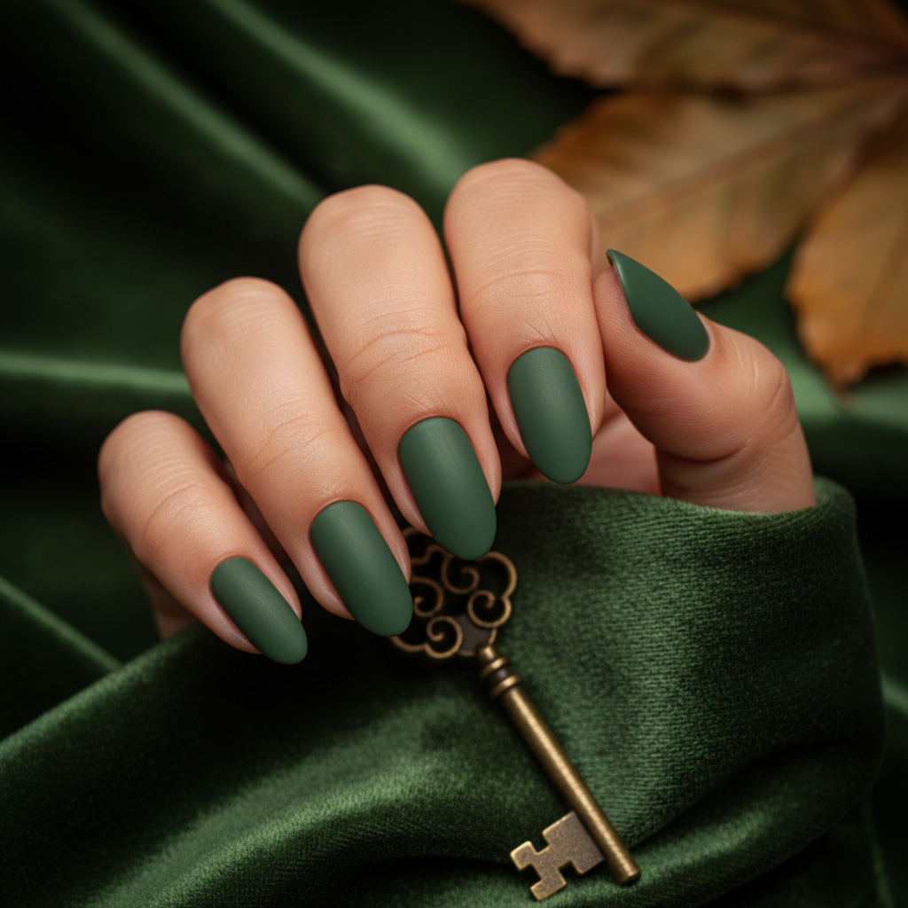 Matte Hunter-green Short Almond Nails