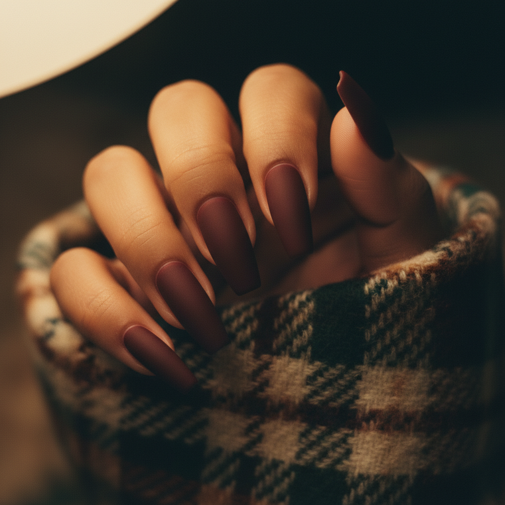 Matte Oxblood Dark Cherry Long Coffin Nails