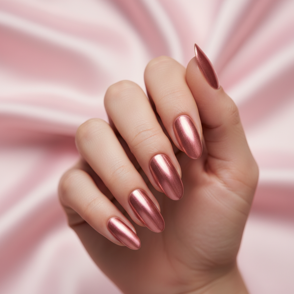 Rose-gold Chrome Long Oval Nails