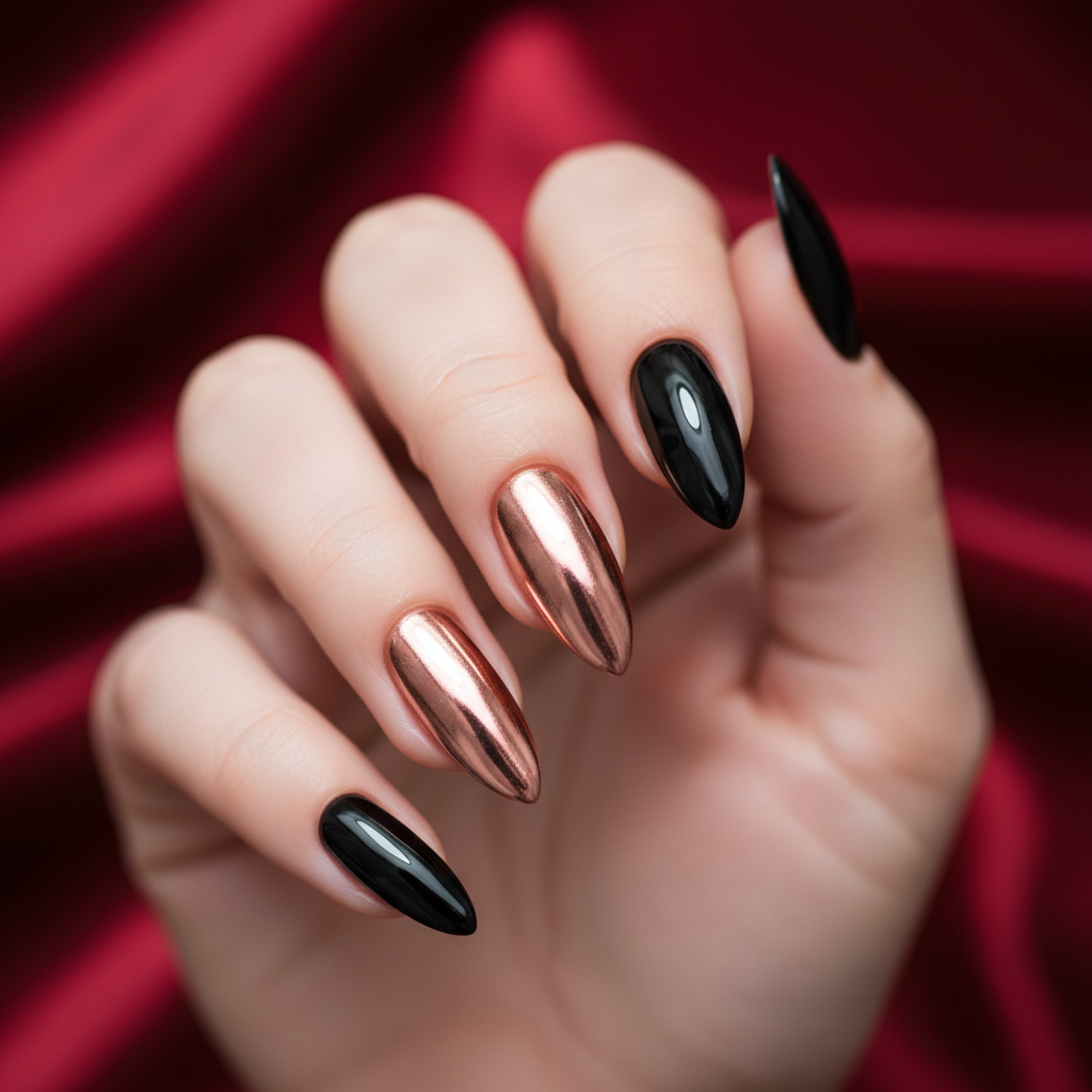 Rose-gold-chrome Accent Finger on Long Stiletto Nails With Otherwise g