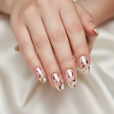Rose-gold-foil Leaf Accent Long Oval Nails — Gold Leafing Scattered ab