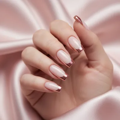 Rose-gold-chrome French Tip on Long Coffin Nails on a Milky Base