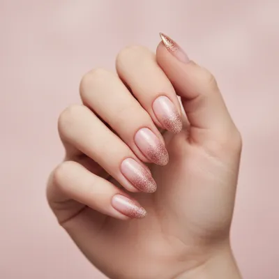 Rose-gold-glitter Ombré Short Almond Nails Fading to Milky Pink at The