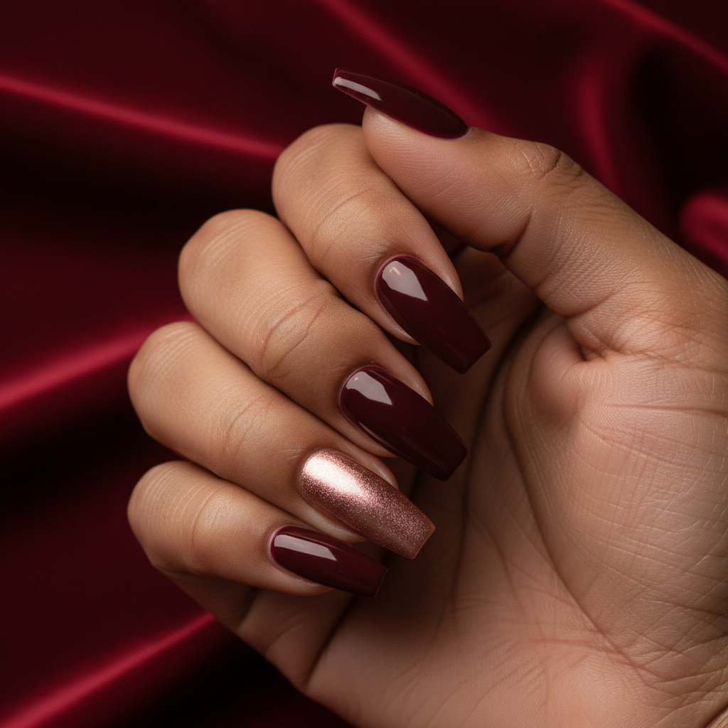 Burgundy Deep Wine Long Coffin Nails With Rose-gold Accent Finger
