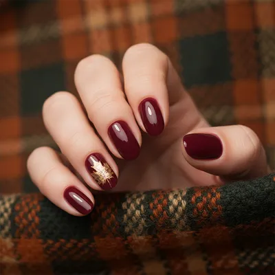 Burgundy Short Almond Nails With Hand-painted Gold-foil Maple Leaf Acc