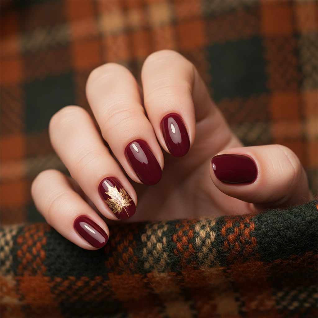 Burgundy Short Almond Nails With Hand-painted Gold-foil Maple Leaf Acc