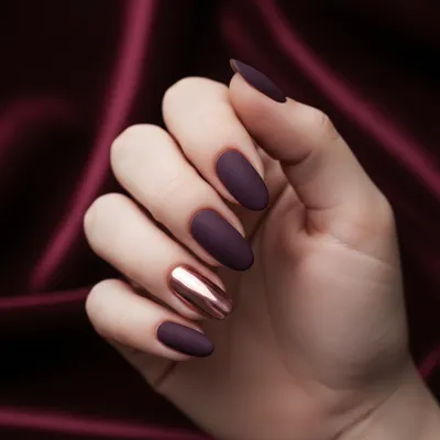 Deep Purple Aubergine Matte Long Oval Nails With Single Rose-gold-chro