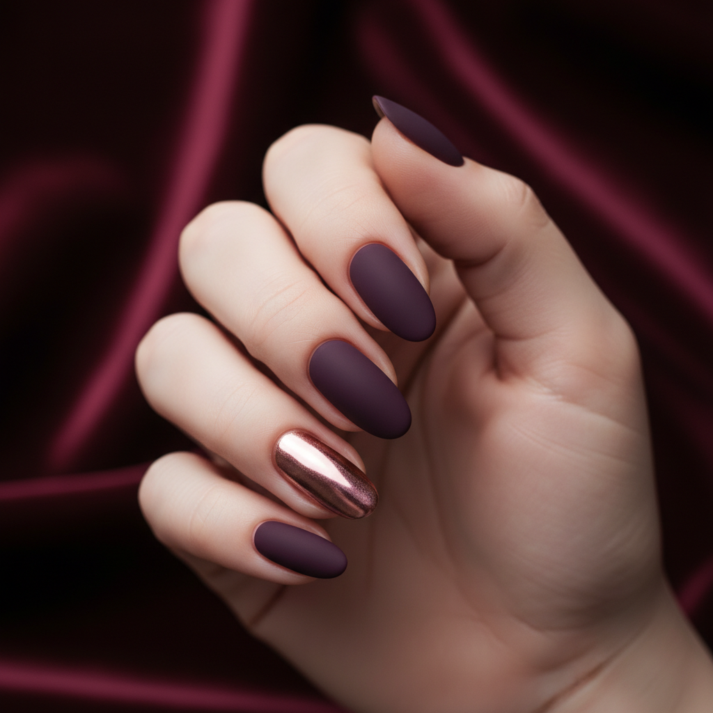 Deep Purple Aubergine Matte Long Oval Nails With Single Rose-gold-chro