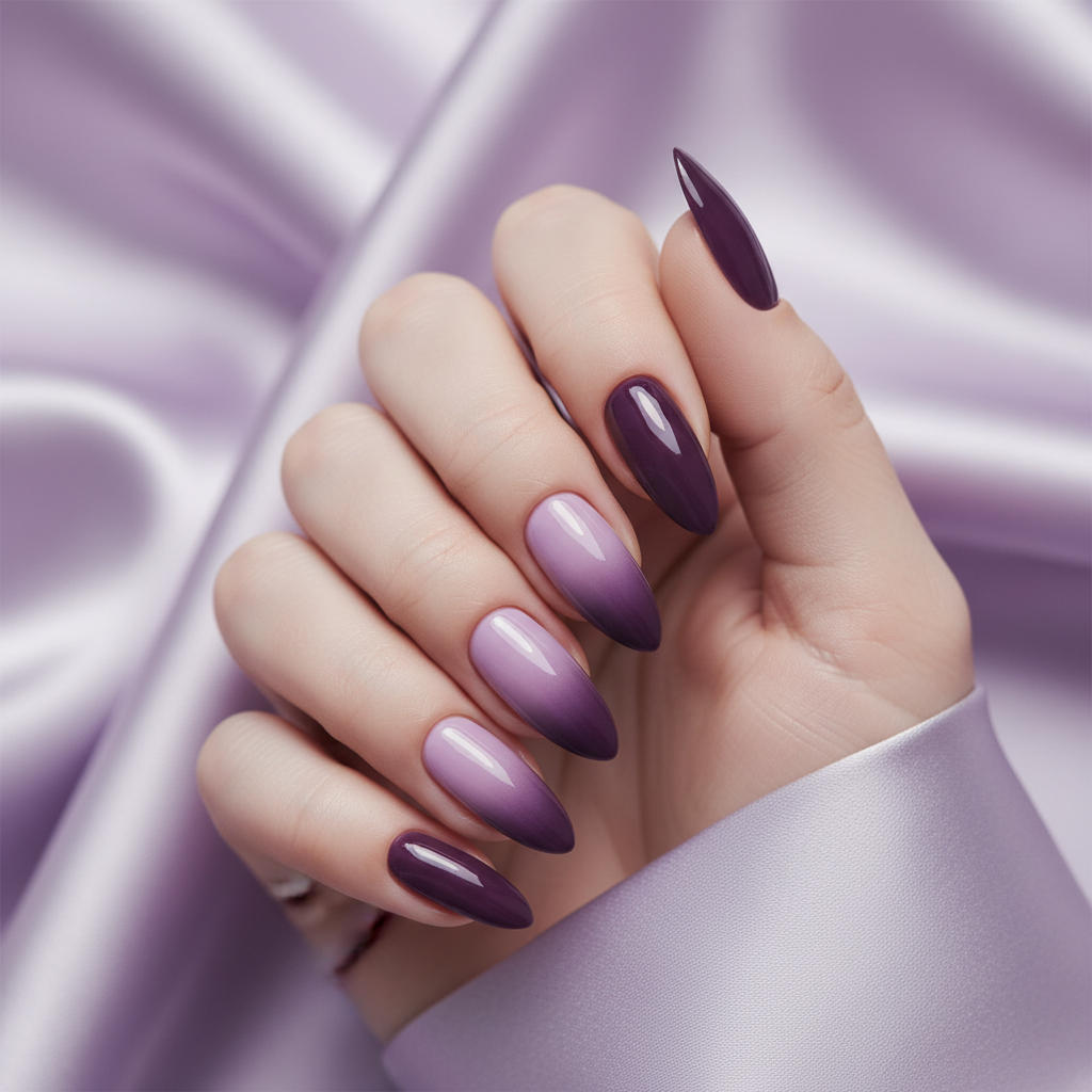 Purple Lilac-to-aubergine Ombré Long Almond Nails