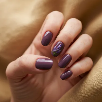 Purple Plum Short Oval Nails With Tiny Hand-painted Floral Lavender sp