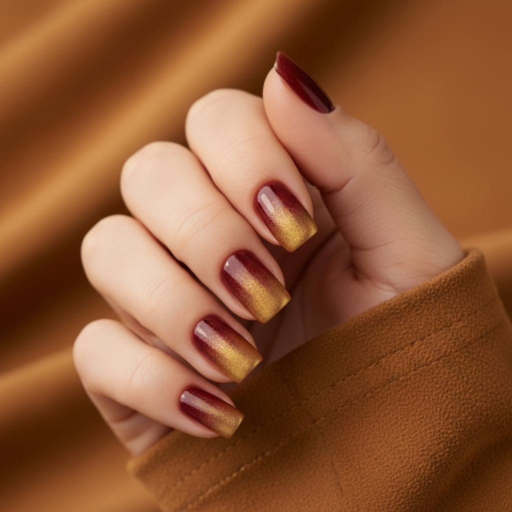 Burgundy-and-gold Ombré Short Squoval Nails