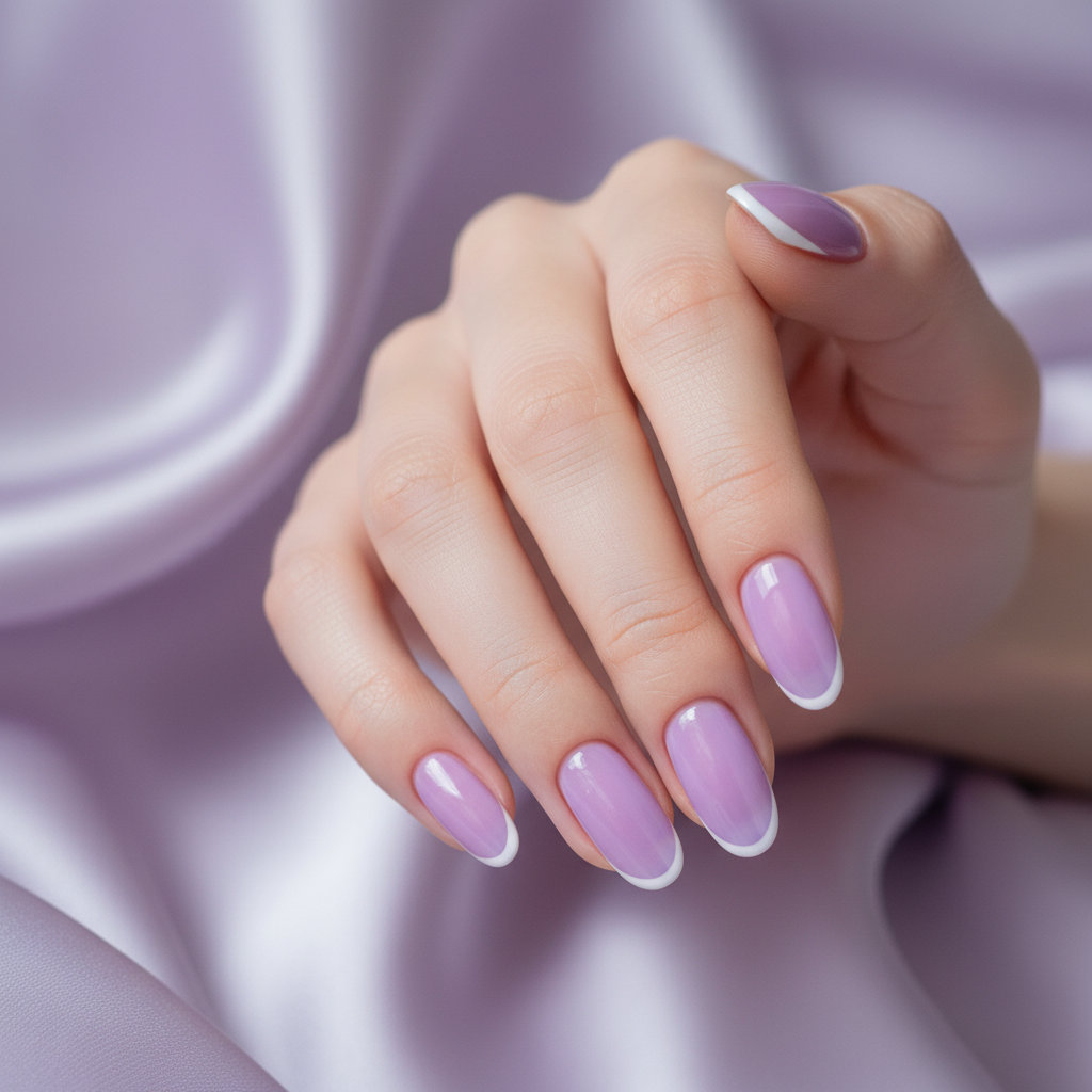 Purple Sheer-matte Lavender Long Oval Nails With Fine White Micro-fren