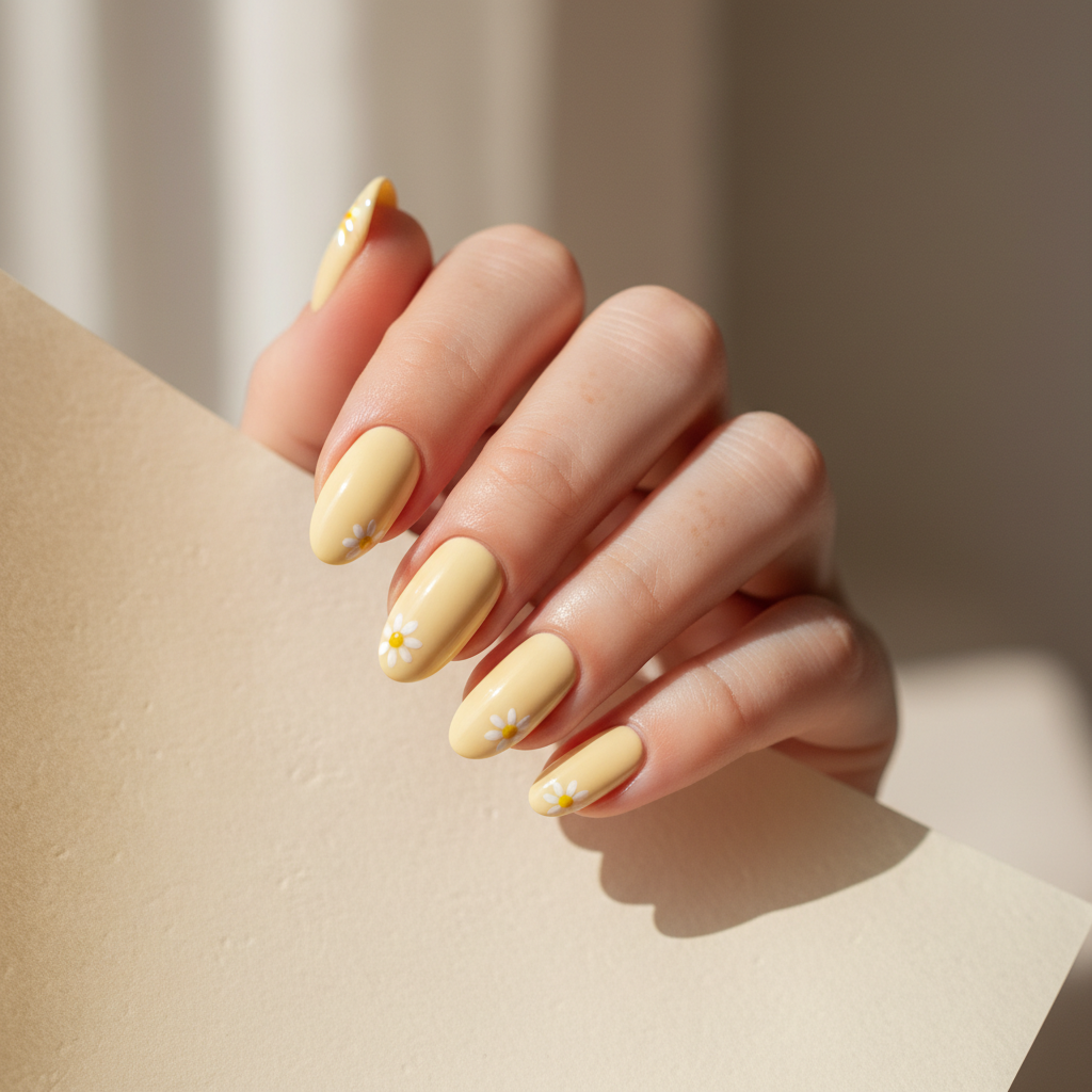 Butter Yellow Long Oval Nails With Hand-painted Tiny White Daisy Flora
