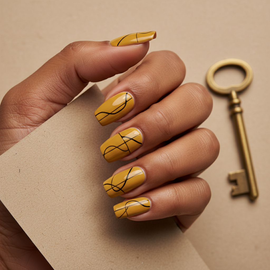 Mustard Yellow Long Squoval Nails With Tiny Matte Black Abstract Line