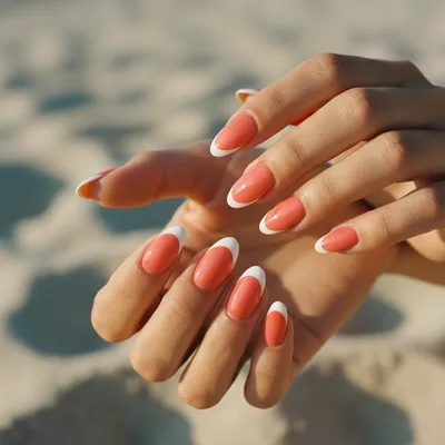Coral-orange Long Oval Nails With Clean White French Tip