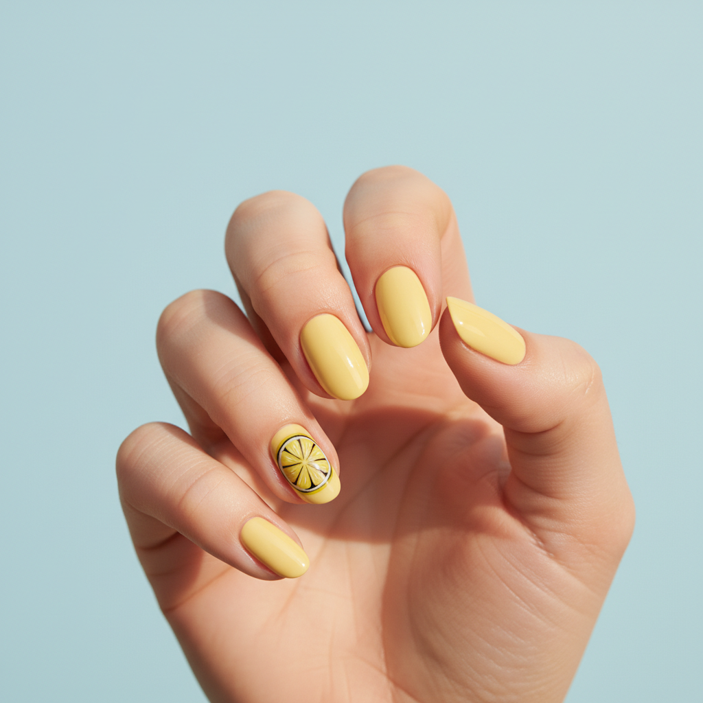 Lemon-yellow Short Almond Nails With Single Hand-painted Black Lemon-s