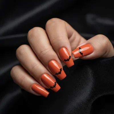 Pumpkin-orange Long Coffin Nails With Hand-painted Tiny Black Bat-silh
