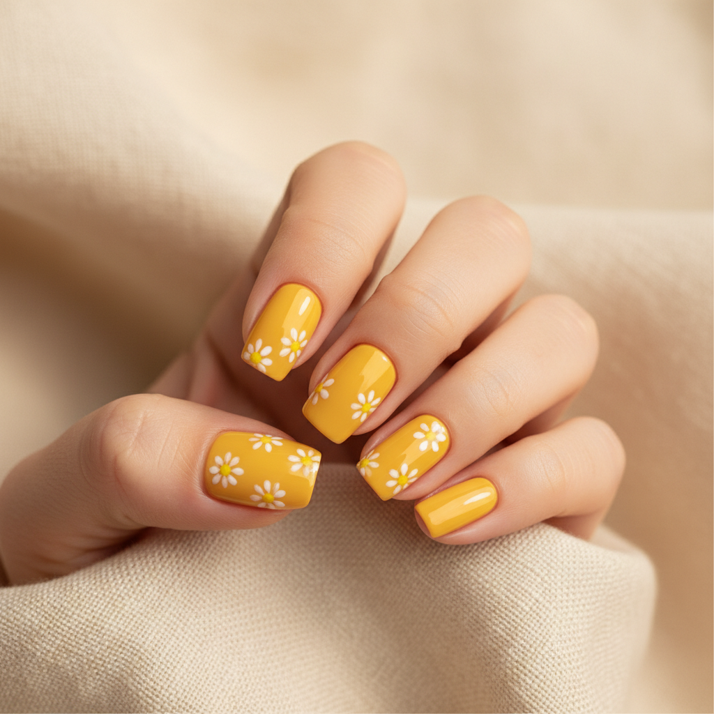Marigold-yellow Short Squoval Nails With Tiny Hand-painted Floral Micr